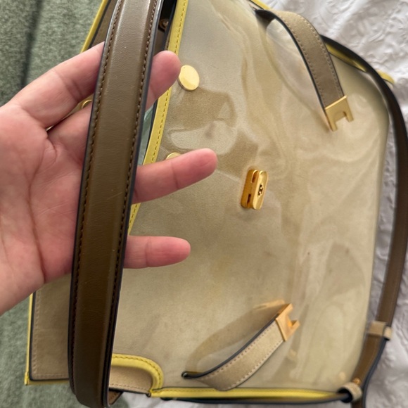 Tory Burch Lee Radziwill Raincoat Double Leather Bag Satchel Beige Yellow Bag - Picture 12 of 17